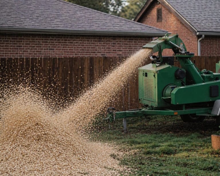 Wood Chipper Making a Pile of Mulch Chips